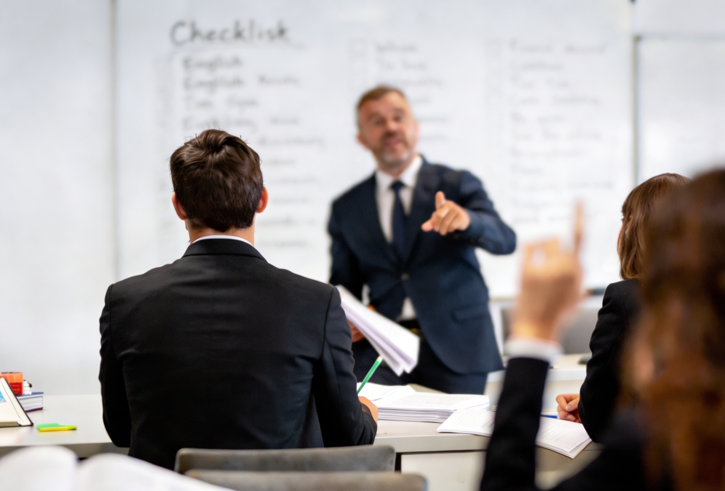 Sesión interactiva de capacitación de idiomas para empresas con un instructor corporativo y un pizarrón de checklist.